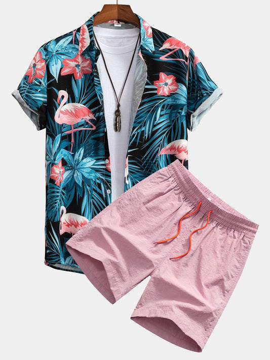 Camisa com botões e calções de banho com estampado tropical de flamingos