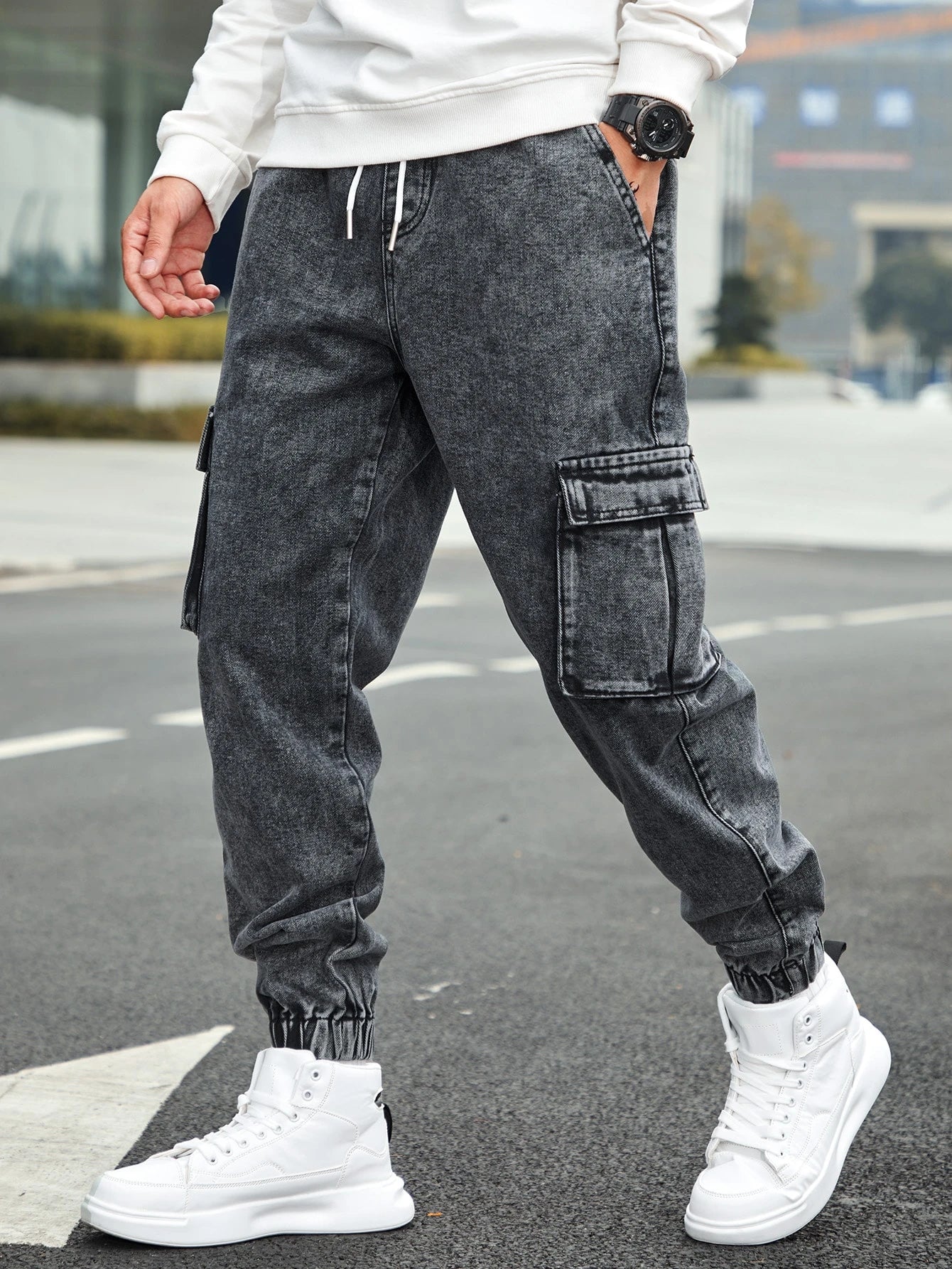 Men’s Jogger Baggy Cargo Jeans – Drawstring Waist & Elastic Hem