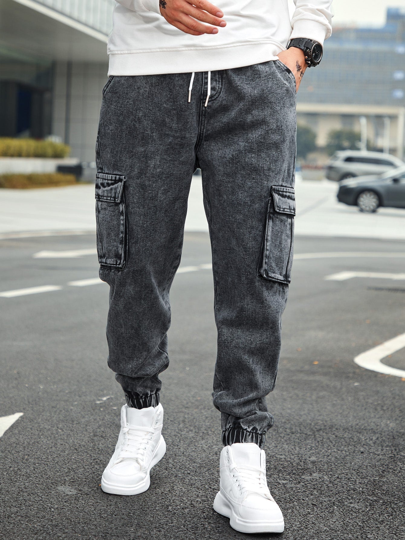 Men’s Jogger Baggy Cargo Jeans – Drawstring Waist & Elastic Hem