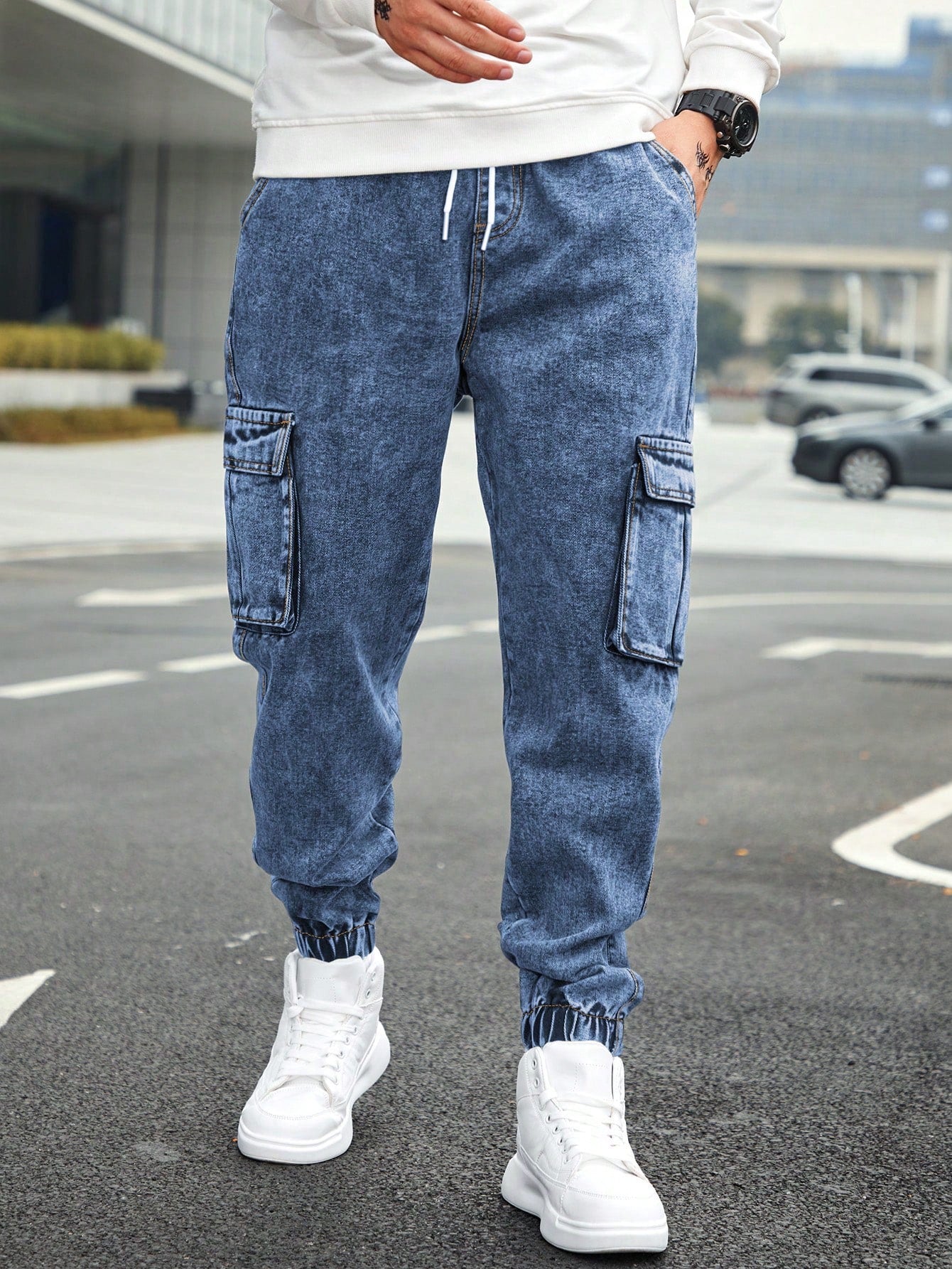 Men’s Jogger Baggy Cargo Jeans – Drawstring Waist & Elastic Hem
